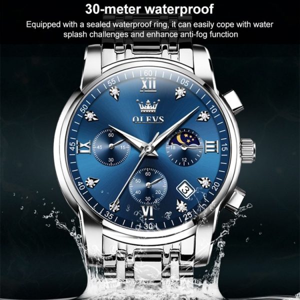 OLEVS 2858 Men Multifunctional Business Waterproof Quartz Watch (Blue + Gold) - Image 6