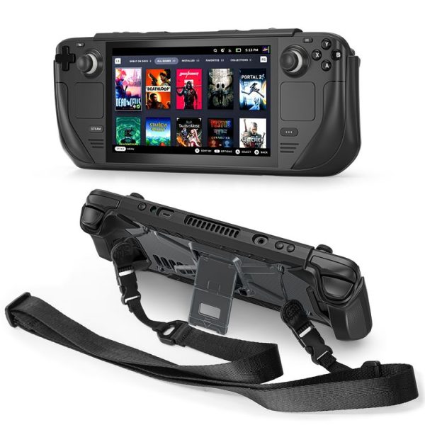 Steam Deck Shockproof Game Console Case with Holder & Shoulder Strap (Black)