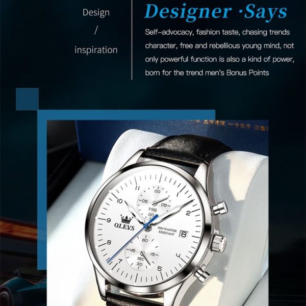 OLEVS 2880 Men Multifunctional Business Waterproof Leather Strap Quartz Watch (White) - Image 5