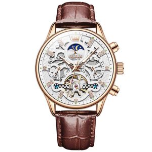 OLEVS 6658 Men Luminous Waterproof Leather Strap Mechanical Watch (White + Rose Gold)