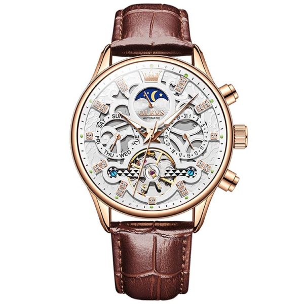 OLEVS 6658 Men Luminous Waterproof Leather Strap Mechanical Watch (White + Rose Gold)