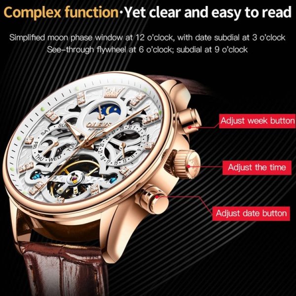 OLEVS 6658 Men Luminous Waterproof Leather Strap Mechanical Watch (White + Rose Gold) - Image 10