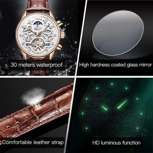 OLEVS 6658 Men Luminous Waterproof Leather Strap Mechanical Watch (White + Rose Gold) - Image 11
