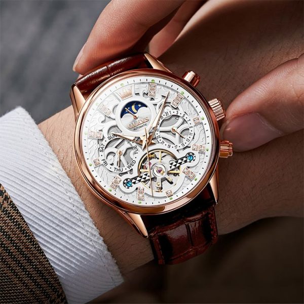 OLEVS 6658 Men Luminous Waterproof Leather Strap Mechanical Watch (White + Rose Gold) - Image 12
