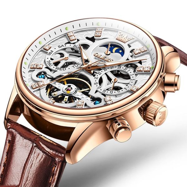 OLEVS 6658 Men Luminous Waterproof Leather Strap Mechanical Watch (White + Rose Gold) - Image 2