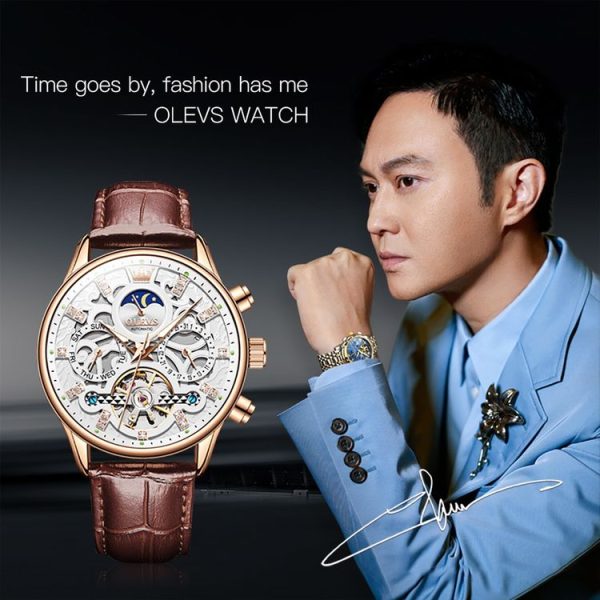 OLEVS 6658 Men Luminous Waterproof Leather Strap Mechanical Watch (White + Rose Gold) - Image 3