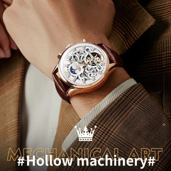 OLEVS 6658 Men Luminous Waterproof Leather Strap Mechanical Watch (White + Rose Gold) - Image 4
