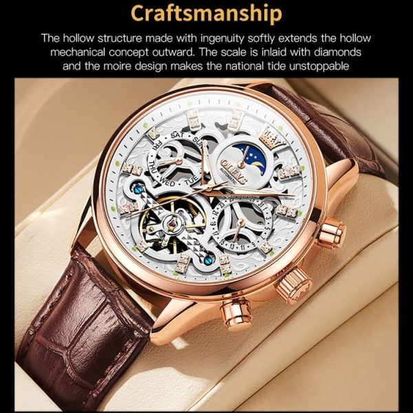 OLEVS 6658 Men Luminous Waterproof Leather Strap Mechanical Watch (White + Rose Gold) - Image 5