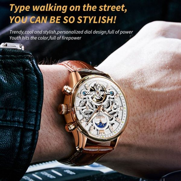 OLEVS 6658 Men Luminous Waterproof Leather Strap Mechanical Watch (White + Rose Gold) - Image 6