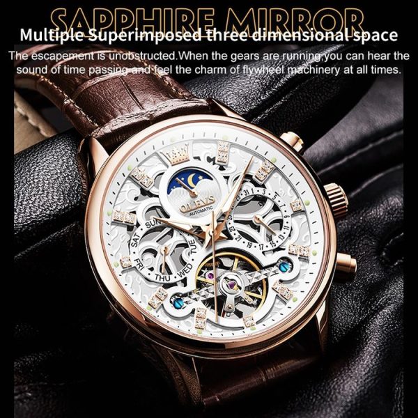 OLEVS 6658 Men Luminous Waterproof Leather Strap Mechanical Watch (White + Rose Gold) - Image 9