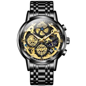 OLEVS 9947 Men Multifunctional Hollow Waterproof Quartz Watch (Black)