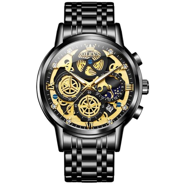 OLEVS 9947 Men Multifunctional Hollow Waterproof Quartz Watch (Black)