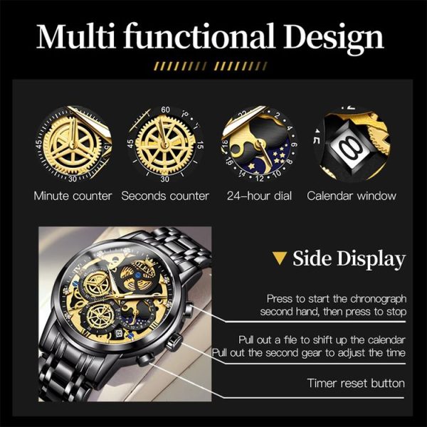 OLEVS 9947 Men Multifunctional Hollow Waterproof Quartz Watch (Black) - Image 10