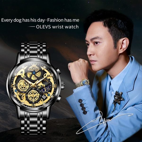 OLEVS 9947 Men Multifunctional Hollow Waterproof Quartz Watch (Black) - Image 2