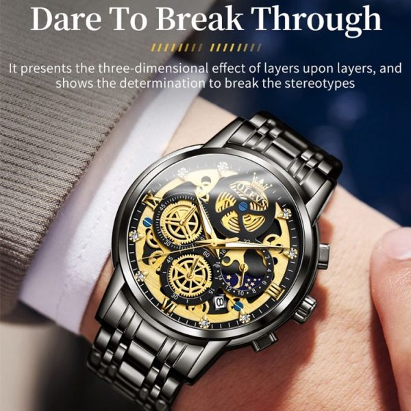 OLEVS 9947 Men Multifunctional Hollow Waterproof Quartz Watch (Black) - Image 3
