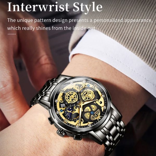 OLEVS 9947 Men Multifunctional Hollow Waterproof Quartz Watch (Black) - Image 6