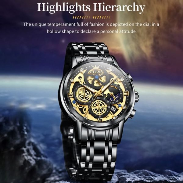 OLEVS 9947 Men Multifunctional Hollow Waterproof Quartz Watch (Black) - Image 7