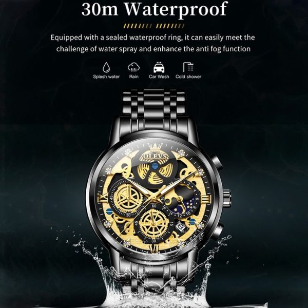 OLEVS 9947 Men Multifunctional Hollow Waterproof Quartz Watch (Black) - Image 8