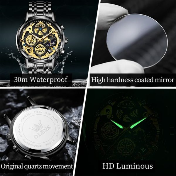 OLEVS 9947 Men Multifunctional Hollow Waterproof Quartz Watch (Black) - Image 9
