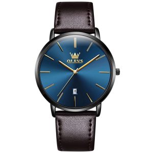 OLEVS 5869 Men Business Waterproof Genuine Leather Strap Quartz Watch (Blue + Dark Brown)