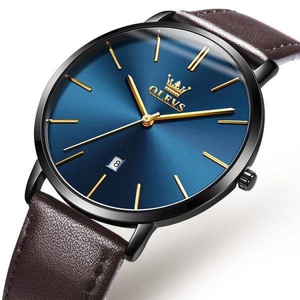 OLEVS 5869 Men Business Waterproof Genuine Leather Strap Quartz Watch (Blue + Dark Brown) - Image 2