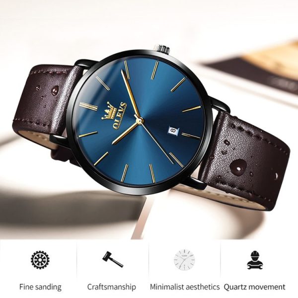 OLEVS 5869 Men Business Waterproof Genuine Leather Strap Quartz Watch (Blue + Dark Brown) - Image 5