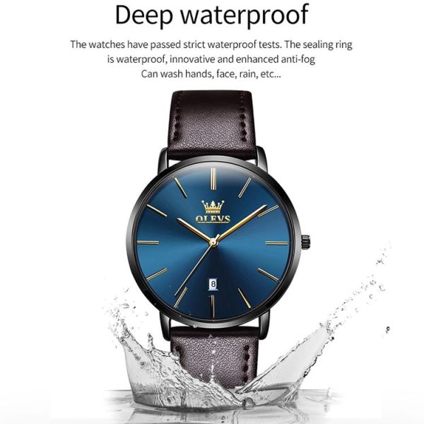 OLEVS 5869 Men Business Waterproof Genuine Leather Strap Quartz Watch (Blue + Dark Brown) - Image 7