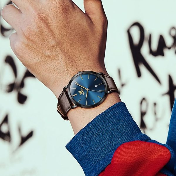 OLEVS 5869 Men Business Waterproof Genuine Leather Strap Quartz Watch (Blue + Dark Brown) - Image 8