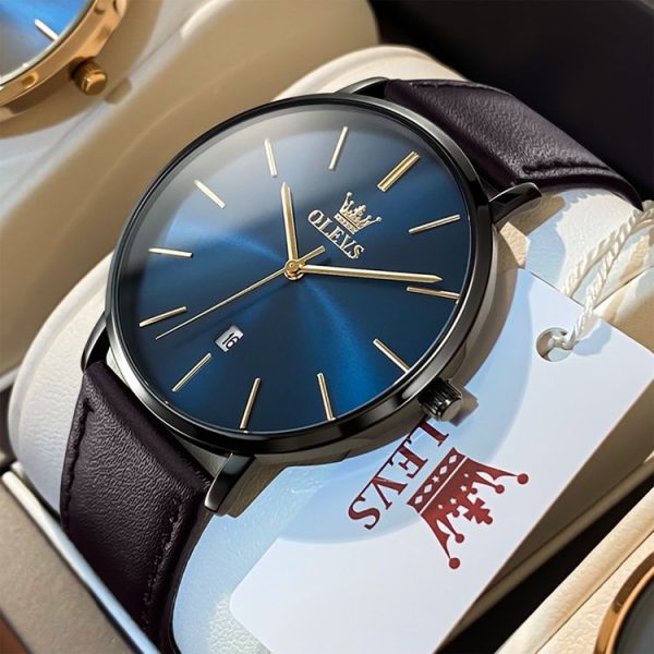 OLEVS 5869 Men Business Waterproof Genuine Leather Strap Quartz Watch (Blue + Dark Brown) - Image 9