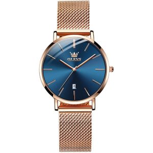 OLEVS 5869 Ladies Business Waterproof Steel Strap Quartz Watch (Blue + Rose Gold)