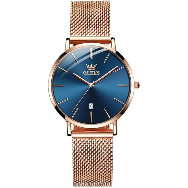 OLEVS 5869 Ladies Business Waterproof Steel Strap Quartz Watch (Blue + Rose Gold)