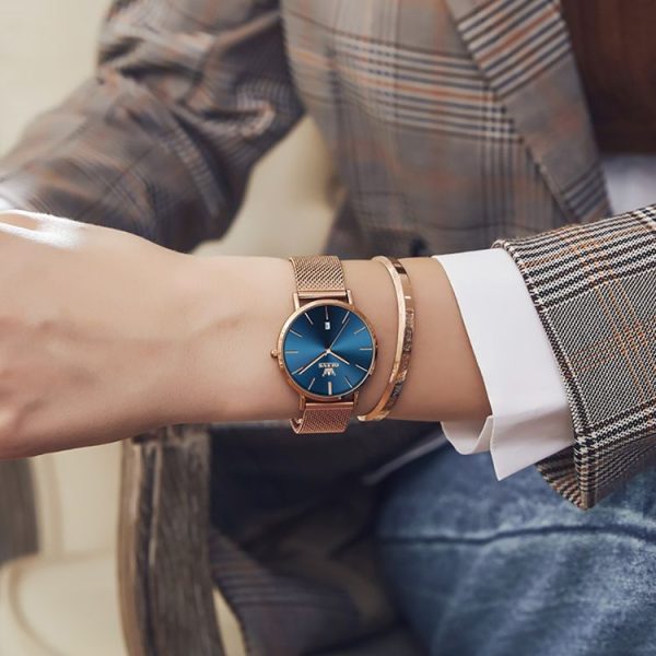 OLEVS 5869 Ladies Business Waterproof Steel Strap Quartz Watch (Blue + Rose Gold) - Image 10