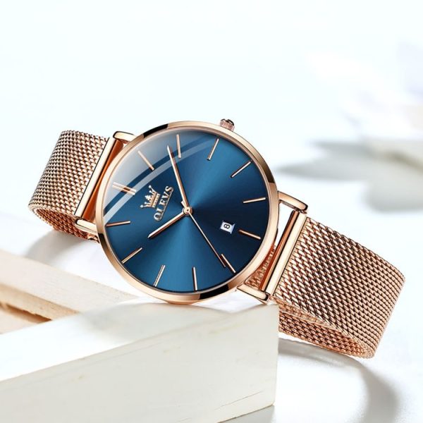 OLEVS 5869 Ladies Business Waterproof Steel Strap Quartz Watch (Blue + Rose Gold) - Image 2