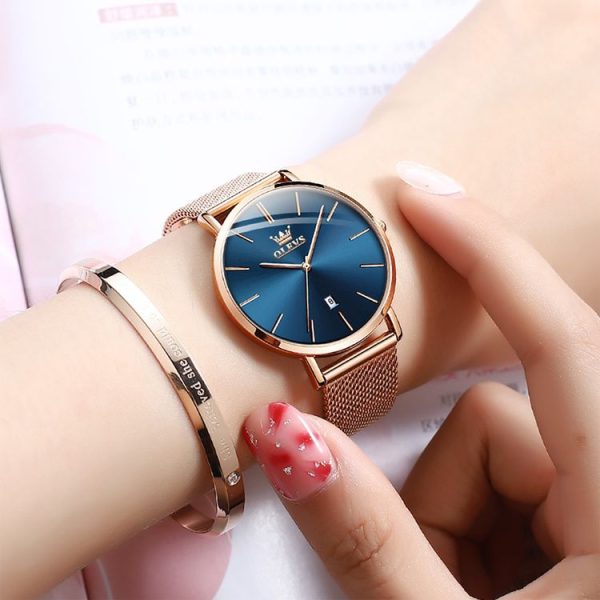OLEVS 5869 Ladies Business Waterproof Steel Strap Quartz Watch (Blue + Rose Gold) - Image 3