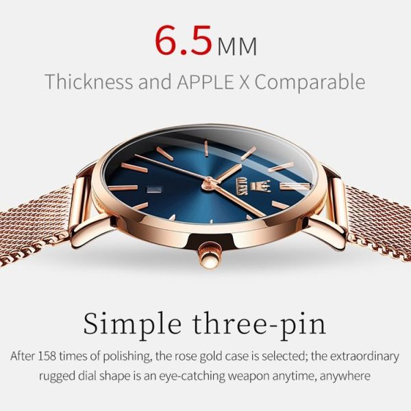 OLEVS 5869 Ladies Business Waterproof Steel Strap Quartz Watch (Blue + Rose Gold) - Image 4