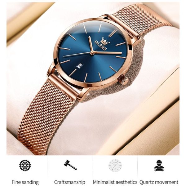 OLEVS 5869 Ladies Business Waterproof Steel Strap Quartz Watch (Blue + Rose Gold) - Image 5