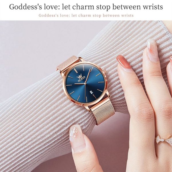 OLEVS 5869 Ladies Business Waterproof Steel Strap Quartz Watch (Blue + Rose Gold) - Image 6