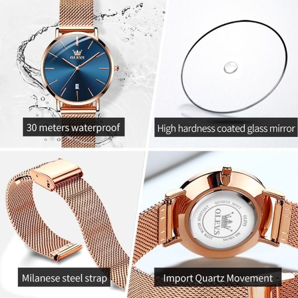 OLEVS 5869 Ladies Business Waterproof Steel Strap Quartz Watch (Blue + Rose Gold) - Image 8