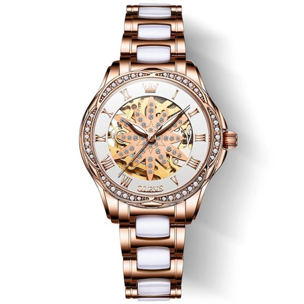 OLEVS 6681 Women Multifunctional Hollow Waterproof Mechanical Watch (White Surface Ceramic Belt)