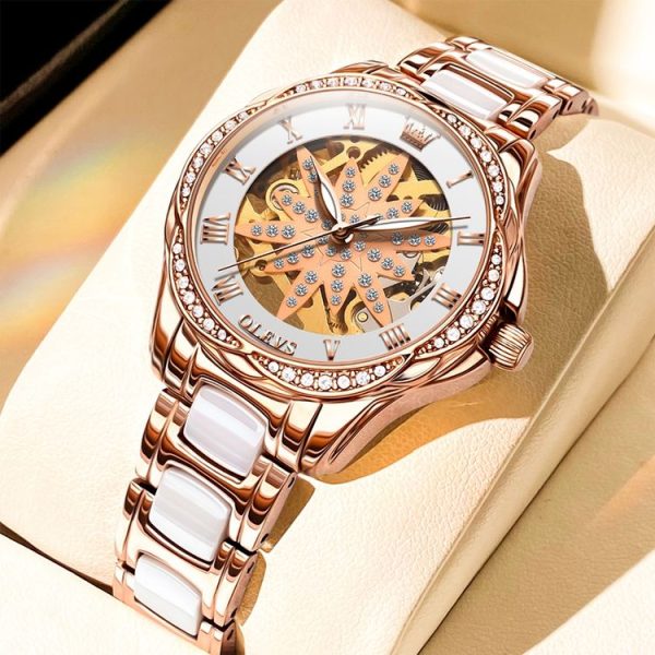 OLEVS 6681 Women Multifunctional Hollow Waterproof Mechanical Watch (White Surface Ceramic Belt) - Image 2