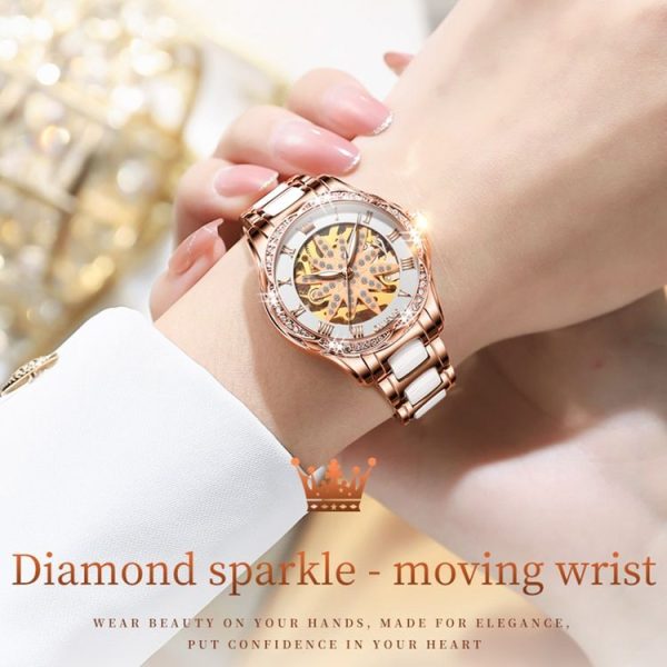 OLEVS 6681 Women Multifunctional Hollow Waterproof Mechanical Watch (White Surface Ceramic Belt) - Image 4