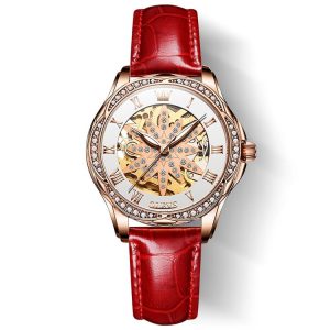 OLEVS 6681 Women Multifunctional Hollow Waterproof Mechanical Watch (White Surface Red Belt)