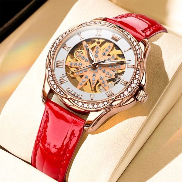 OLEVS 6681 Women Multifunctional Hollow Waterproof Mechanical Watch (White Surface Red Belt) - Image 2