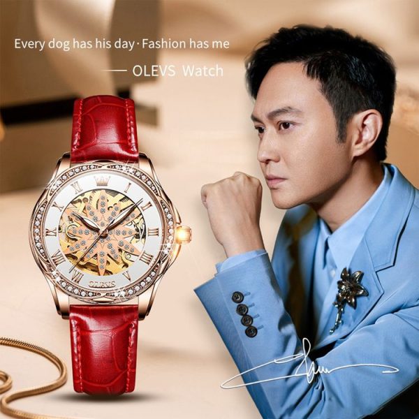 OLEVS 6681 Women Multifunctional Hollow Waterproof Mechanical Watch (White Surface Red Belt) - Image 3