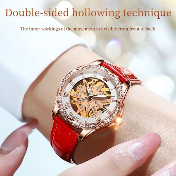 OLEVS 6681 Women Multifunctional Hollow Waterproof Mechanical Watch (White Surface Red Belt) - Image 5