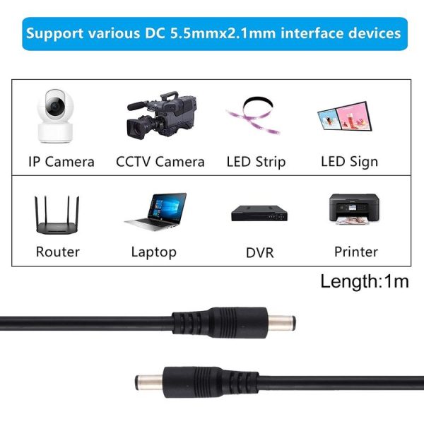 8A DC Power Plug 5.5 x 2.1mm Male to Male Adapter Connector Cable, Length: 1m (Black) - Image 5