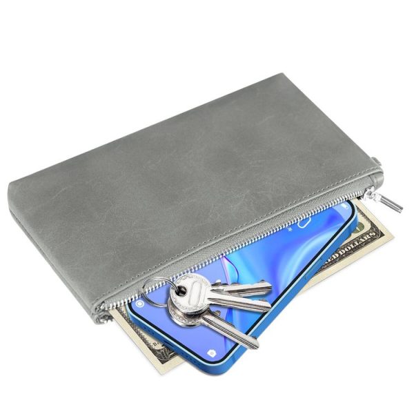 6 inch Simple Retro Leather Clutch Zipper Bag (Grey) - Image 3