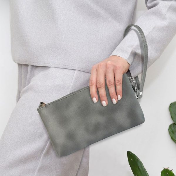 6 inch Simple Retro Leather Clutch Zipper Bag (Grey) - Image 6