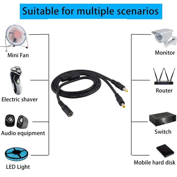 8A 5.5 x 2.5mm 1 to 2 Female to Male Plug DC Power Splitter Adapter Power Cable, Cable Length: 70cm (Black) - Image 5