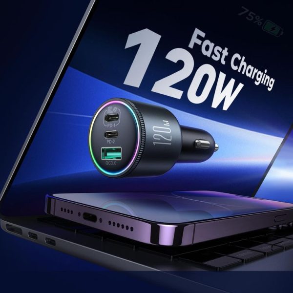 JOYROOM JR-CCN07 120W Dual PD+QC3.0 3-Port Car Charger (Dark Gray) - Image 2
